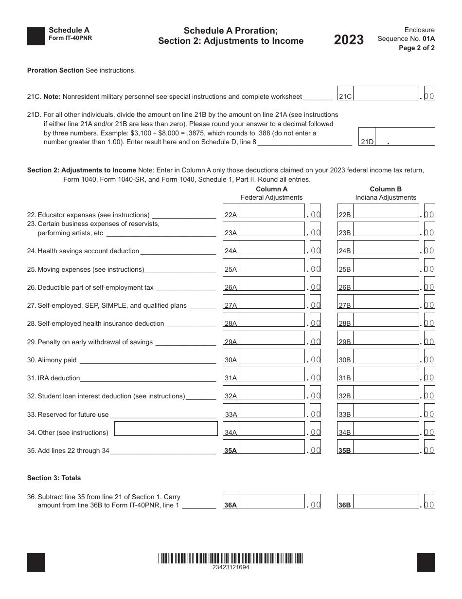 Form IT-40PNR (State Form 48719) Schedule A Income / Loss, Proration  Adjustments to Income - Indiana, Page 2
