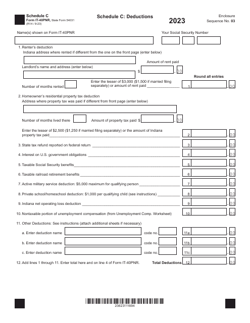 Form IT-40PNR (State Form 54031) Schedule C Deductions - Indiana, 2023