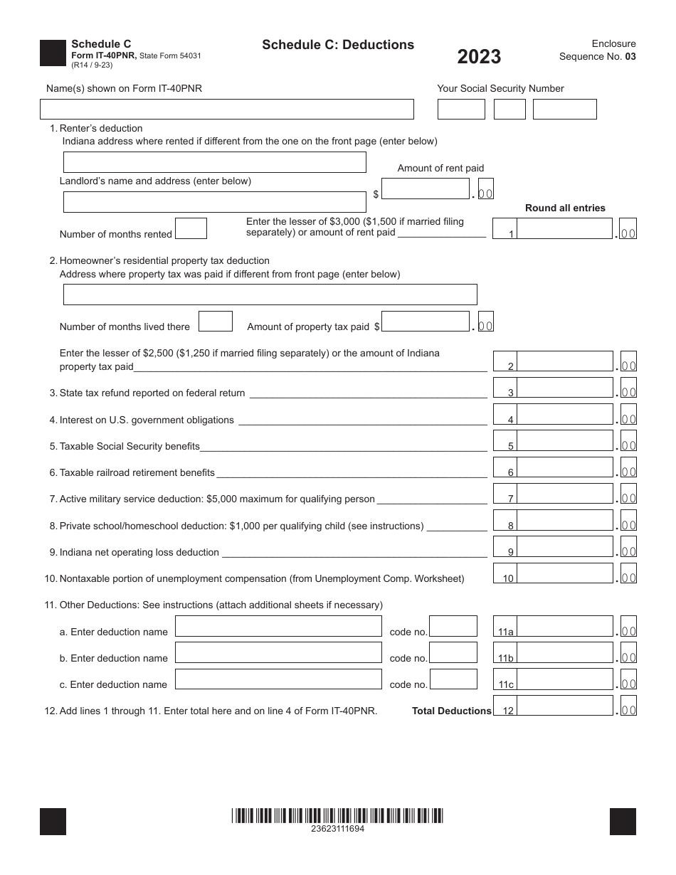 Form IT-40PNR (State Form 54031) Schedule C Deductions - Indiana, Page 1