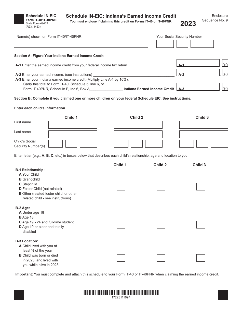 Form IT40 (IT40PNR; State Form 49469) Schedule INEIC Download