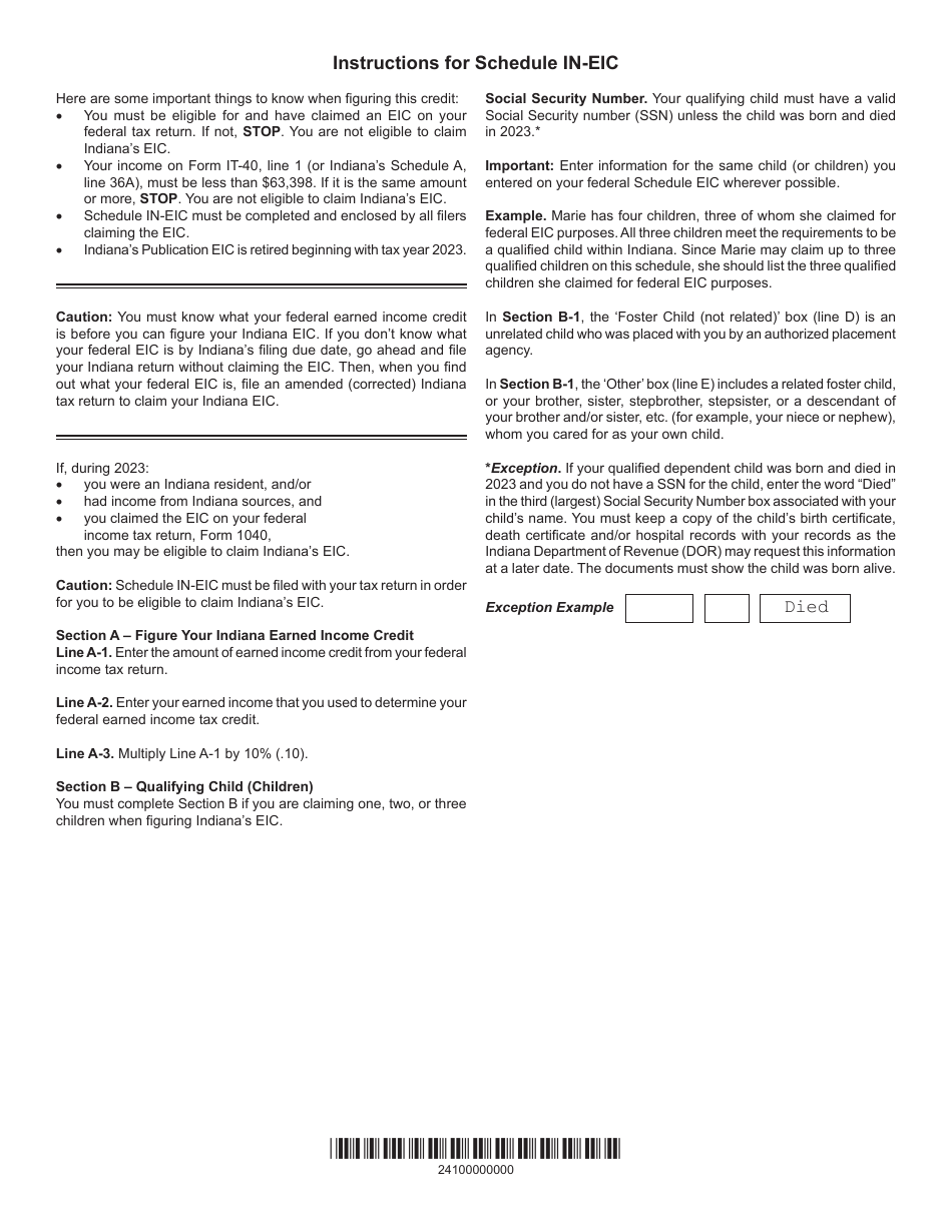 Form IT40 (IT40PNR; State Form 49469) Schedule INEIC Download Fillable PDF or Fill Online