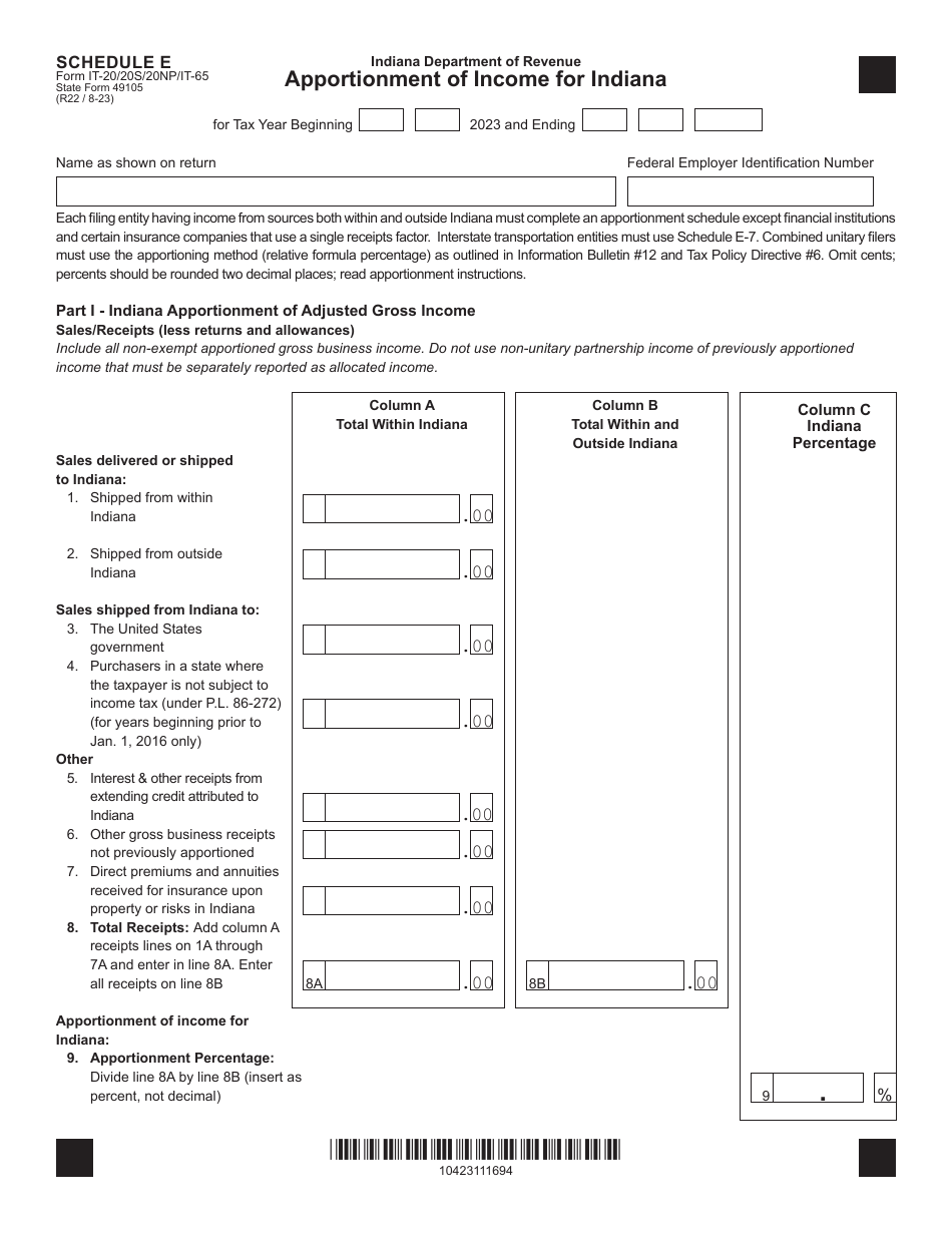 Form IT-20 / 20S / 20NP / IT-65 (State Form 49105) Schedule E Apportionment of Income for Indiana - Indiana, Page 1