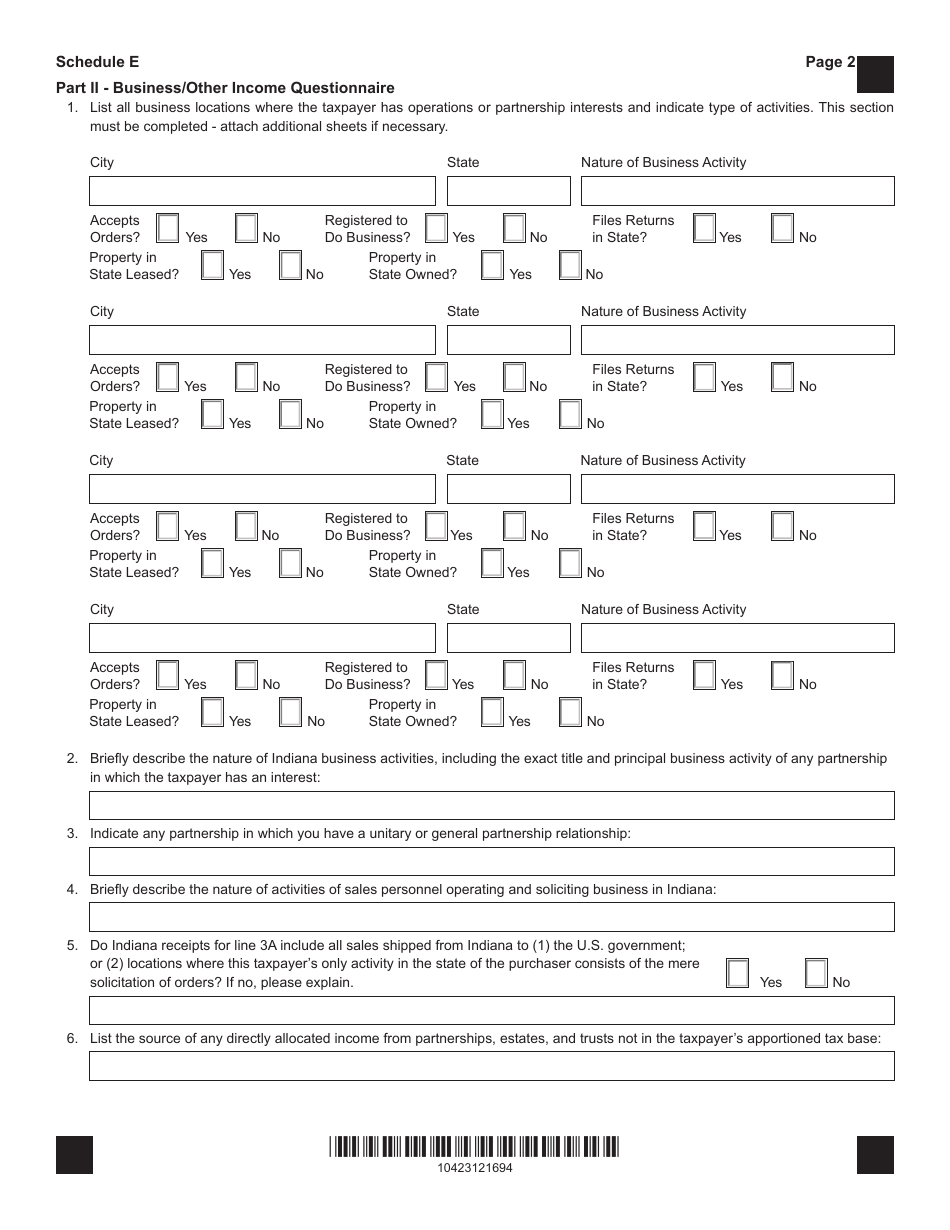 Form IT-20 / 20S / 20NP / IT-65 (State Form 49105) Schedule E Apportionment of Income for Indiana - Indiana, Page 2