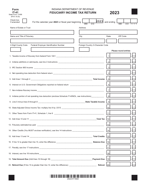 Form IT-41 (State Form 11458) Fiduciary Income Tax Return - Indiana, 2023