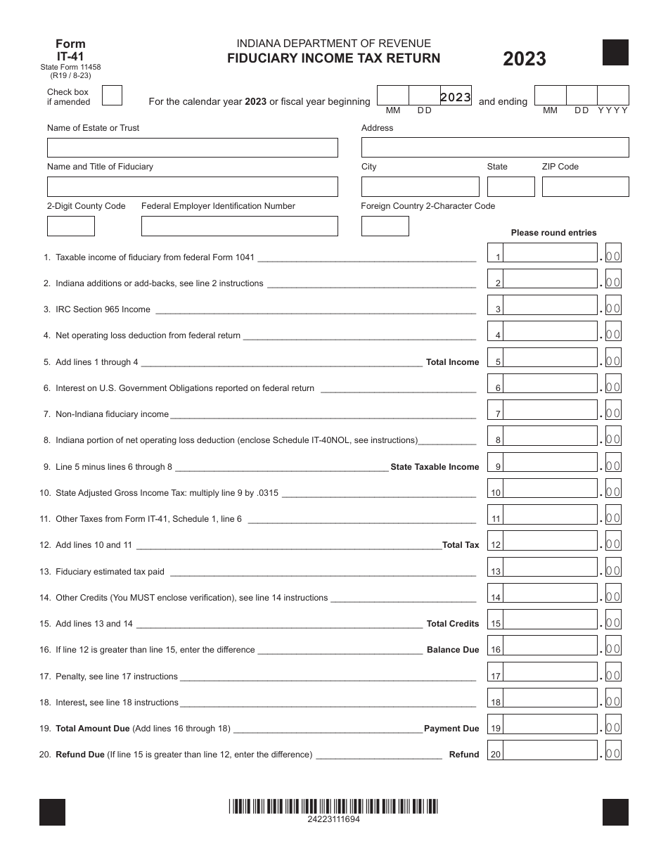 Form IT-41 (State Form 11458) Fiduciary Income Tax Return - Indiana, Page 1