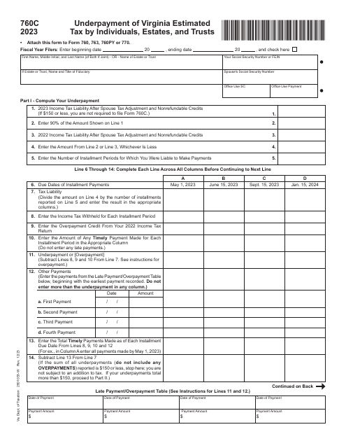 Form 760C Underpayment of Virginia Estimated Tax by Individuals, Estates and Trusts - Virginia, 2023