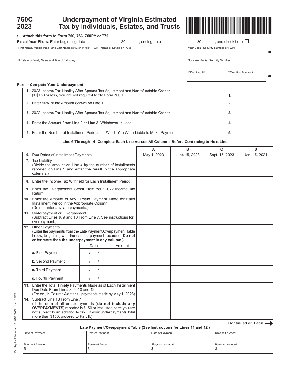 Form 760C Underpayment of Virginia Estimated Tax by Individuals, Estates and Trusts - Virginia, Page 1