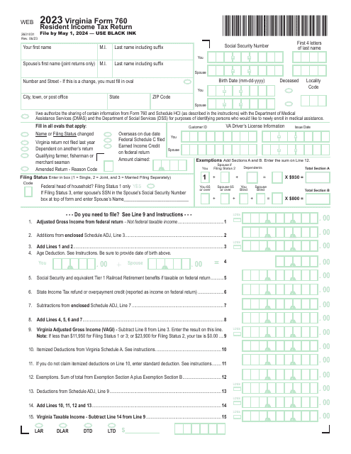 Form 760 Resident Individual Income Tax Return - Virginia, 2023