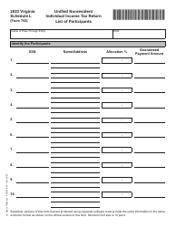 Document preview: Form 765 Schedule L Unified Nonresident Individual Income Tax Return List of Participants - Virginia, 2023