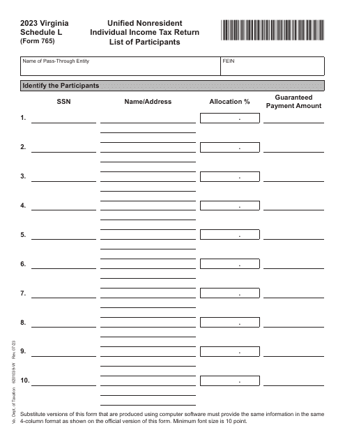 Form 765 Schedule L Unified Nonresident Individual Income Tax Return List of Participants - Virginia, 2023