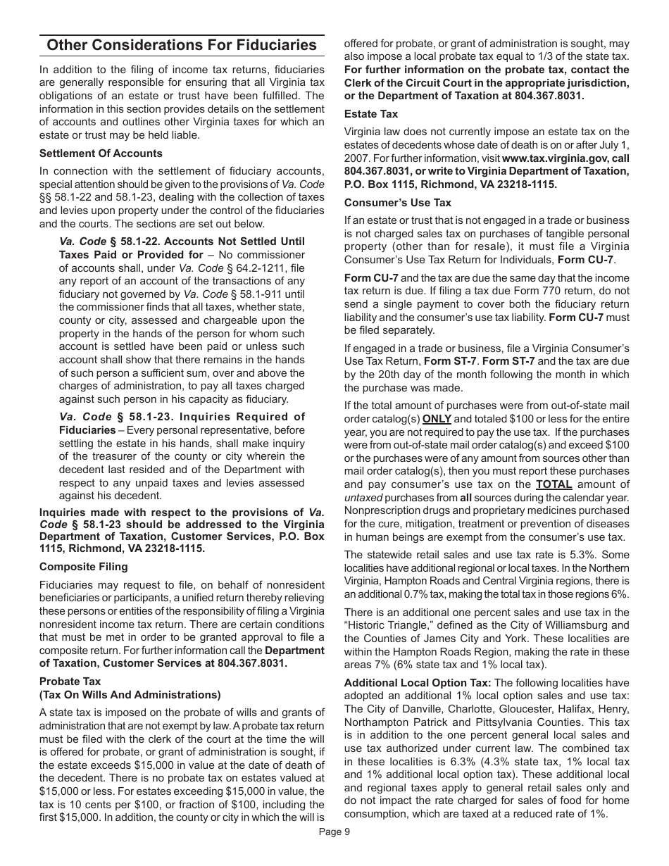 Instructions for Form 770 Virginia Fiduciary Income Tax Return - Virginia, Page 11