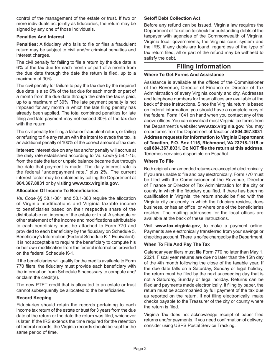 Instructions for Form 770 Virginia Fiduciary Income Tax Return - Virginia, Page 4