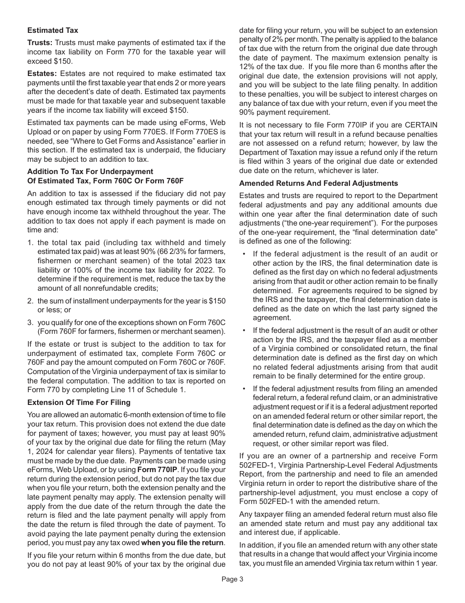 Instructions for Form 770 Virginia Fiduciary Income Tax Return - Virginia, Page 5