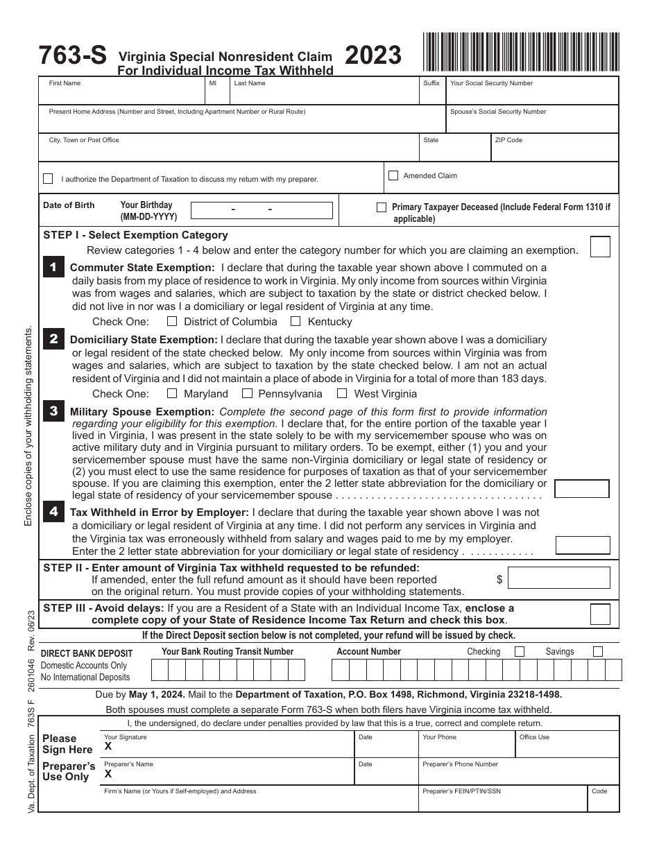 Form 763-S Special Nonresident Claim for Individual Income Tax Withheld - Virginia, Page 1