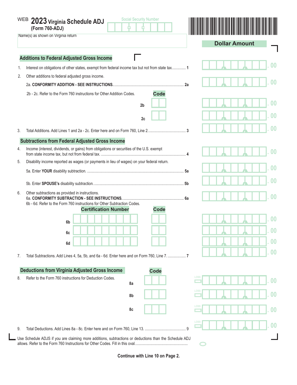 Form 760-ADJ Schedule ADJ Virginia Schedule of Adjustments - Virginia, Page 1