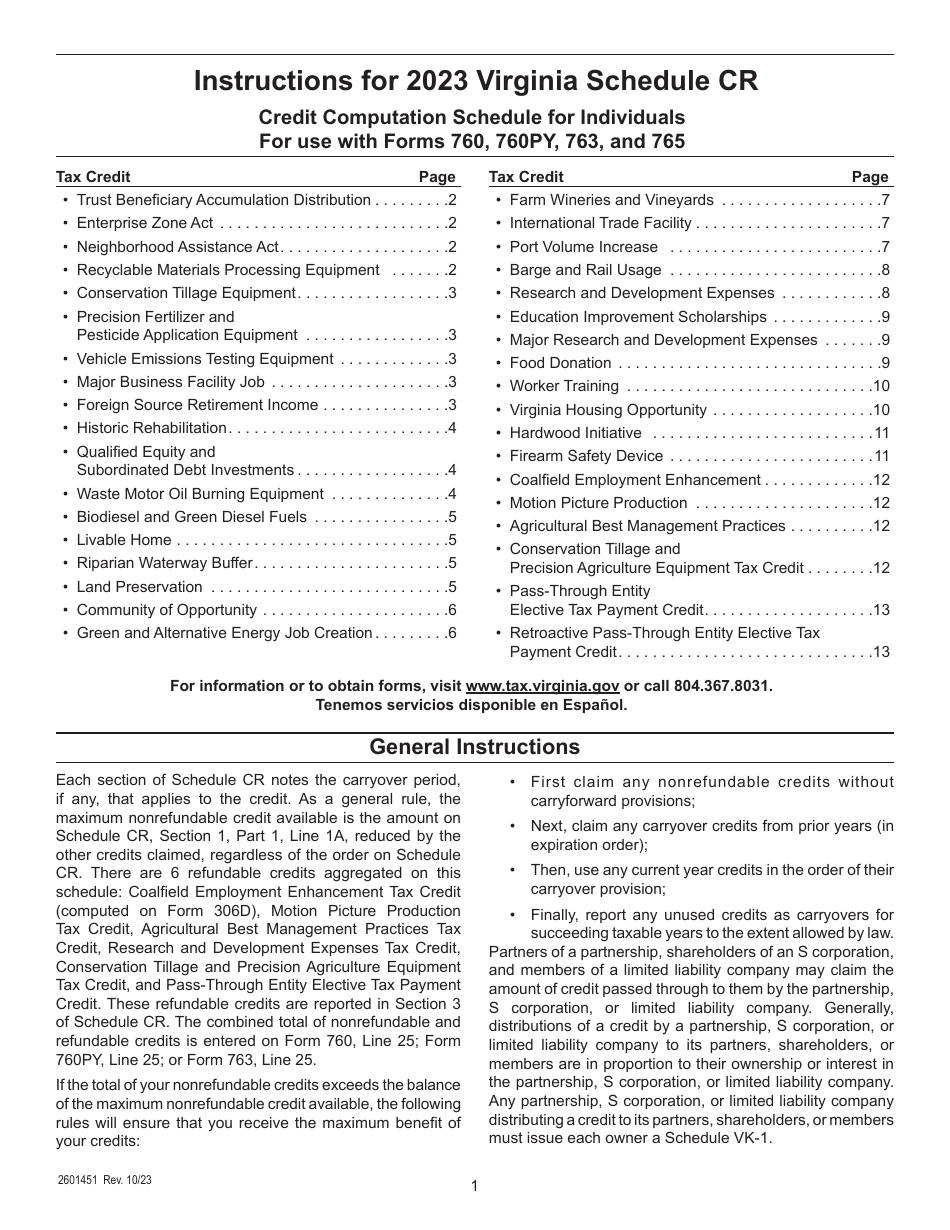 Instructions for Schedule CR Credit Computation Schedule - Virginia, Page 1