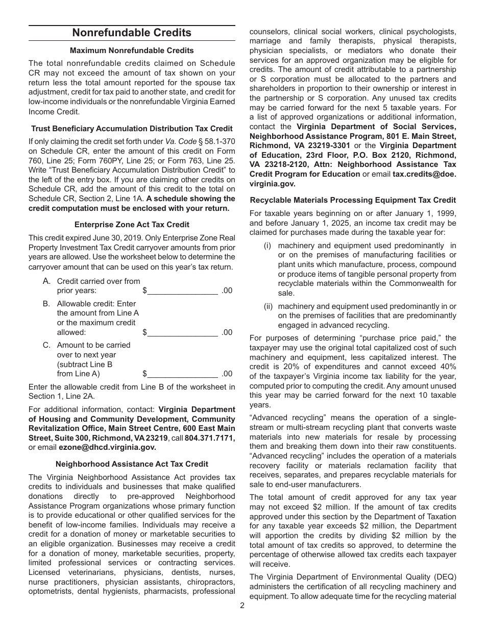 Instructions for Schedule CR Credit Computation Schedule - Virginia, Page 2