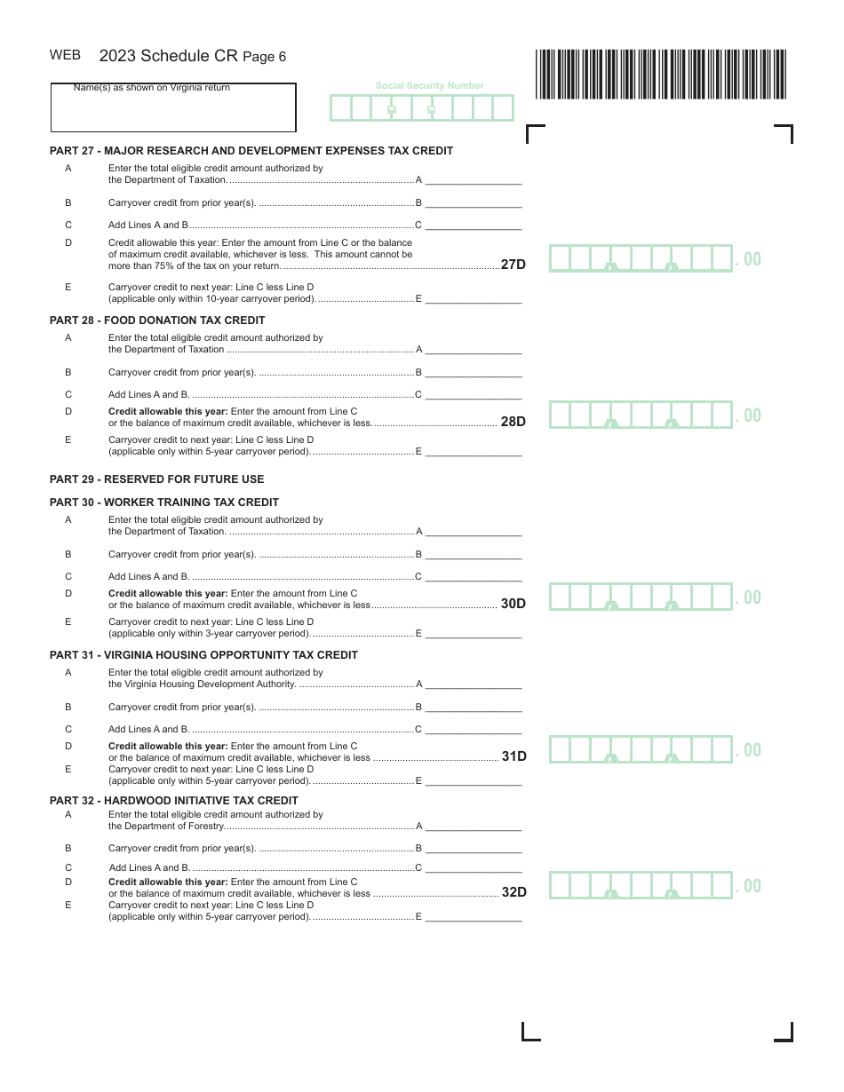 Schedule CR Credit Computation Schedule - Virginia, Page 6