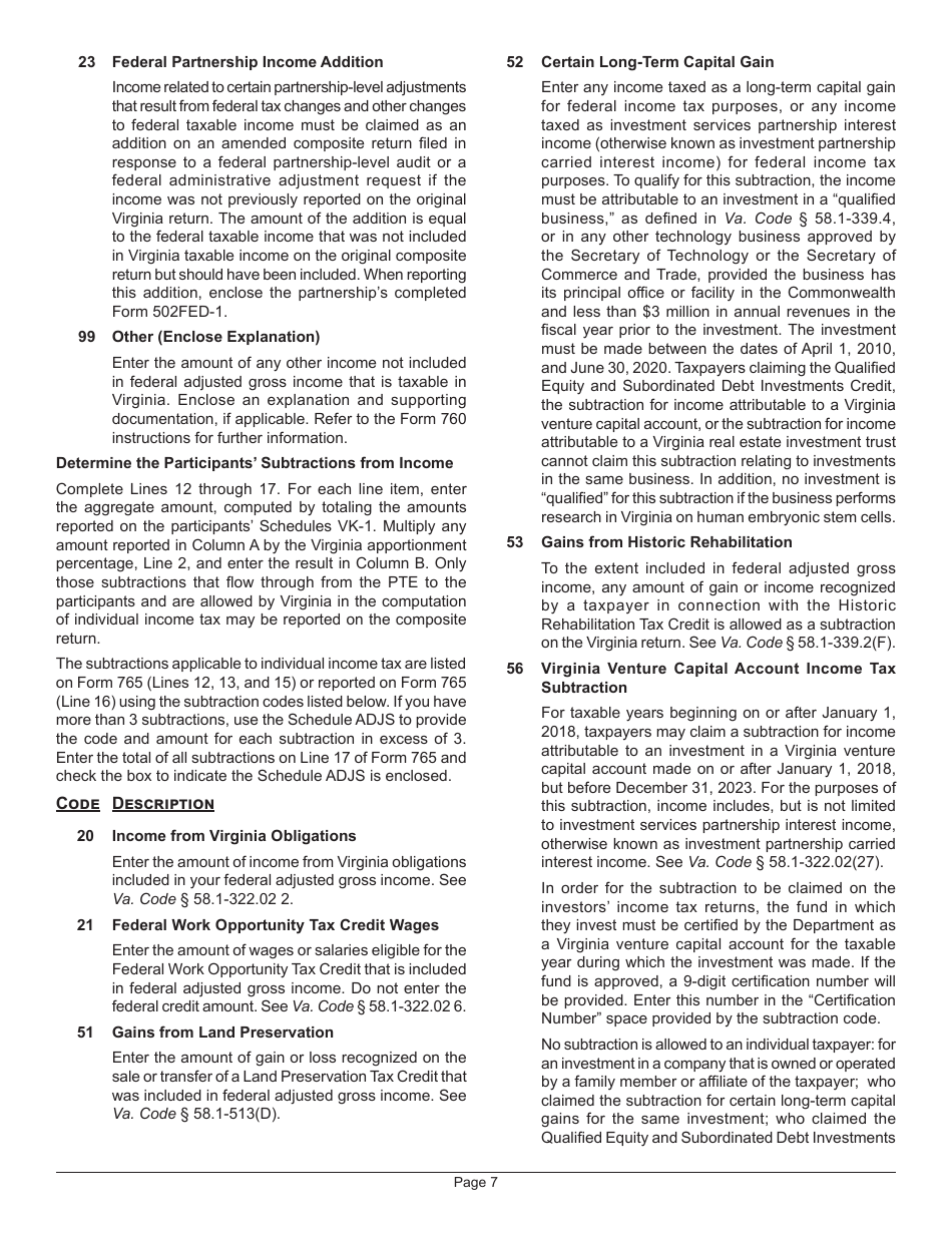 Instructions for Form 765 Unified Nonresident Individual Income Tax Return (Composite Return) - Virginia, Page 10