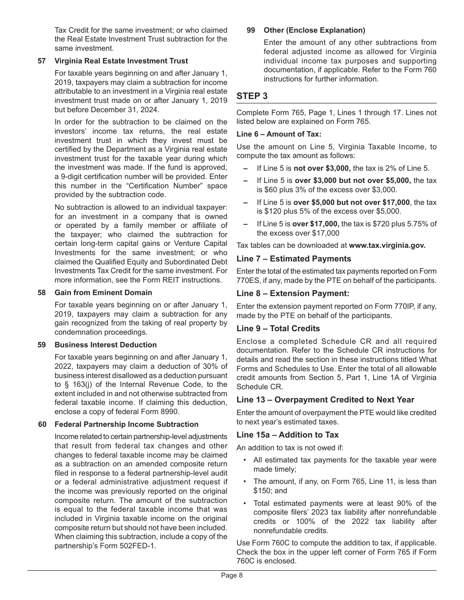 Instructions for Form 765 Unified Nonresident Individual Income Tax Return (Composite Return) - Virginia, Page 11