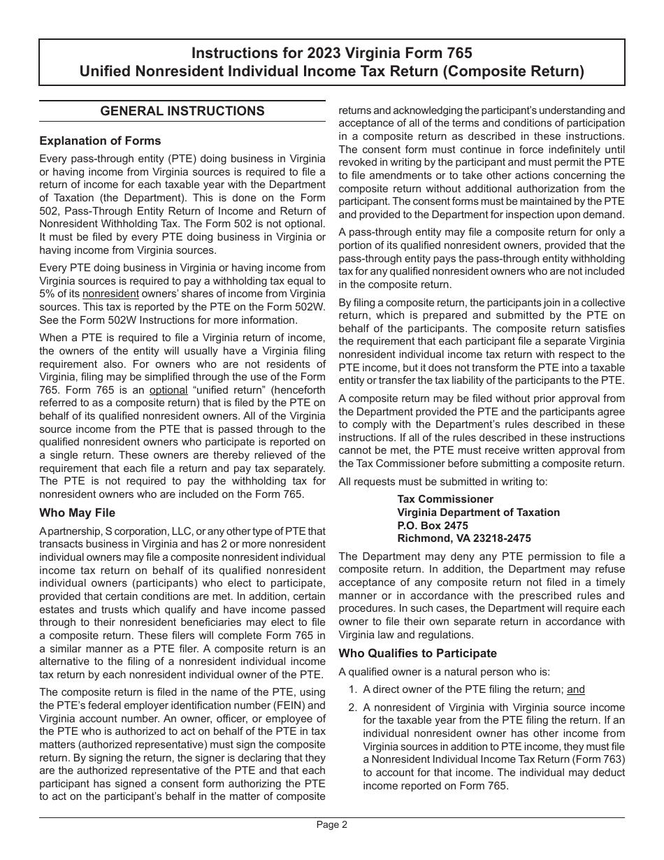 Instructions for Form 765 Unified Nonresident Individual Income Tax Return (Composite Return) - Virginia, Page 5