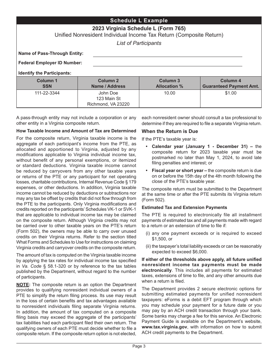 Instructions for Form 765 Unified Nonresident Individual Income Tax Return (Composite Return) - Virginia, Page 6