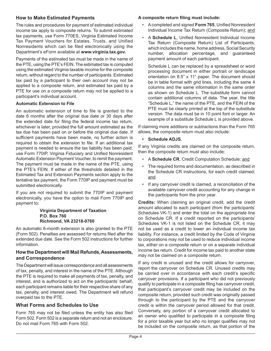 Instructions for Form 765 Unified Nonresident Individual Income Tax Return (Composite Return) - Virginia, Page 7