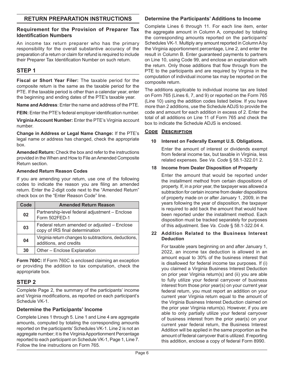 Instructions for Form 765 Unified Nonresident Individual Income Tax Return (Composite Return) - Virginia, Page 9