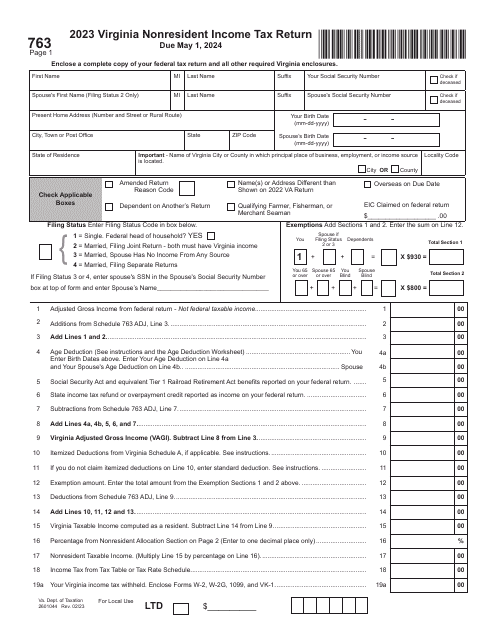 Form 763 Virginia Nonresident Income Tax Return - Virginia, 2024