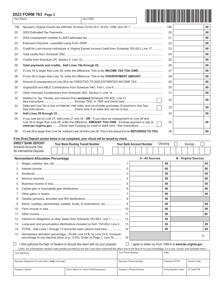 Form 763 Virginia Nonresident Income Tax Return - Virginia, Page 2