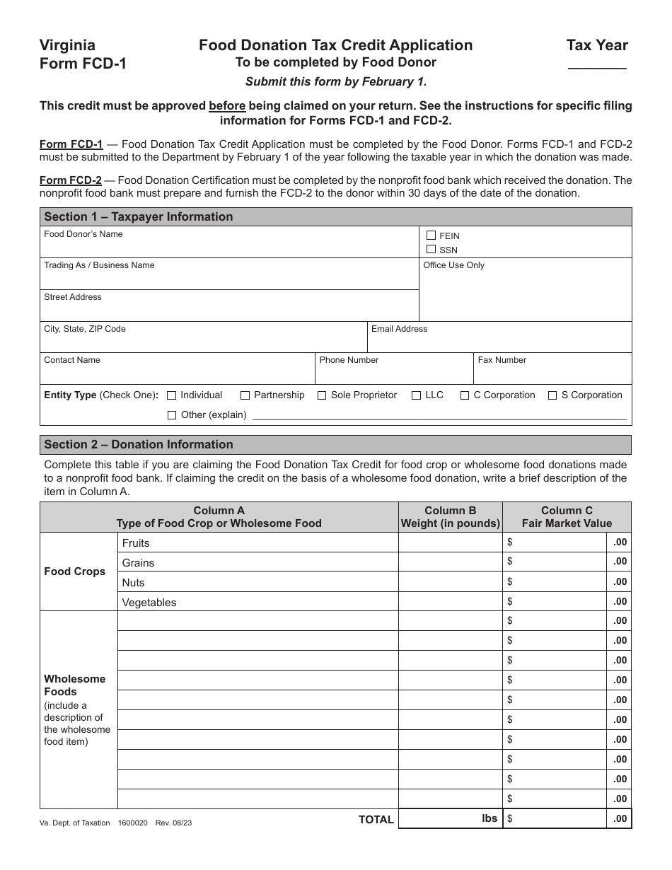 Form FCD-1 (FCD-2) Food Donation Tax Credit Application and Donation Certification - Virginia, Page 1