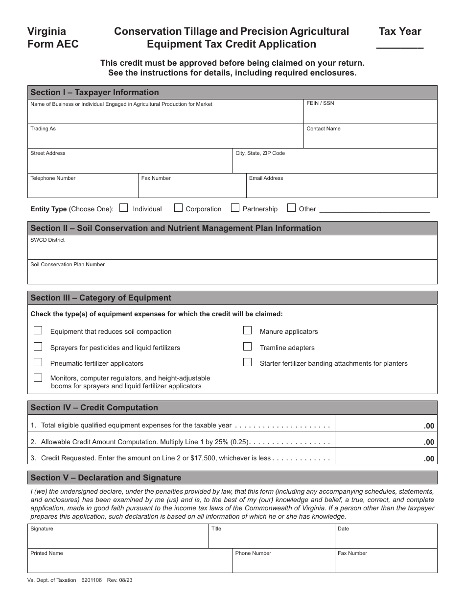 Form AEC Conservation Tillage and Precision Agricultural Equipment Tax Credit Application - Virginia, Page 1