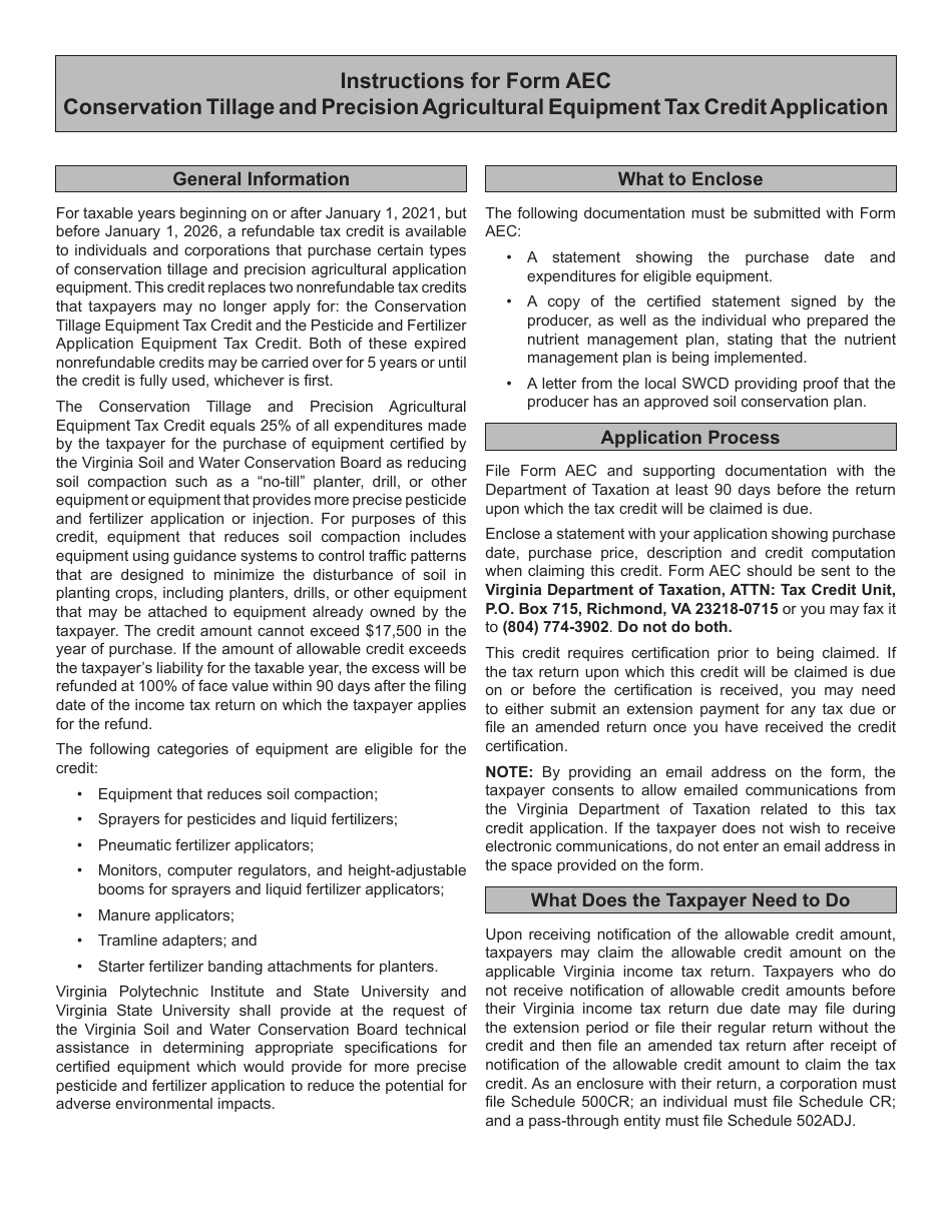 Form AEC Conservation Tillage and Precision Agricultural Equipment Tax Credit Application - Virginia, Page 2