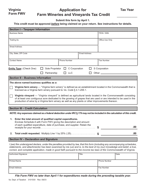 Form FWV Application for Farm Wineries and Vineyards Tax Credit - Virginia