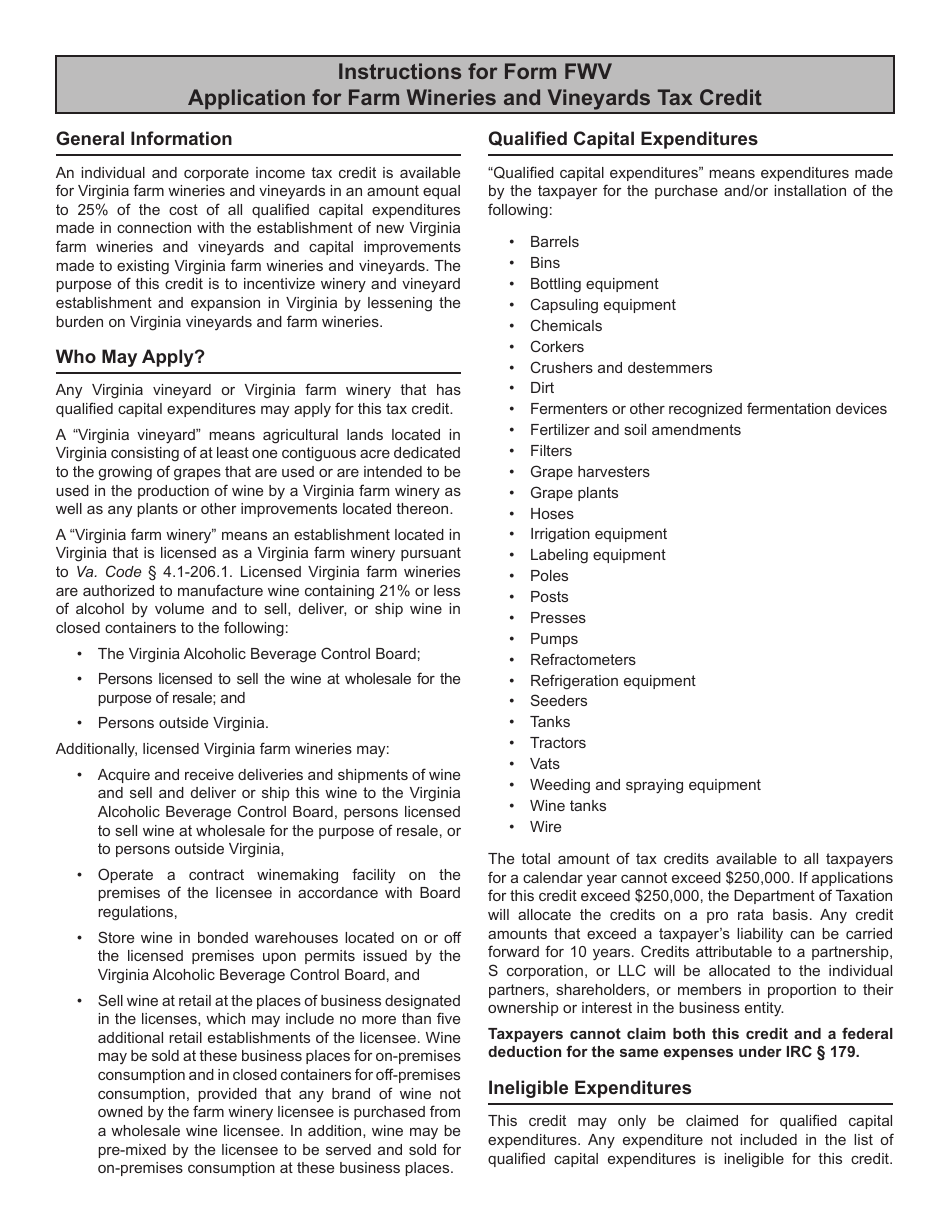 Form FWV Application for Farm Wineries and Vineyards Tax Credit - Virginia, Page 3
