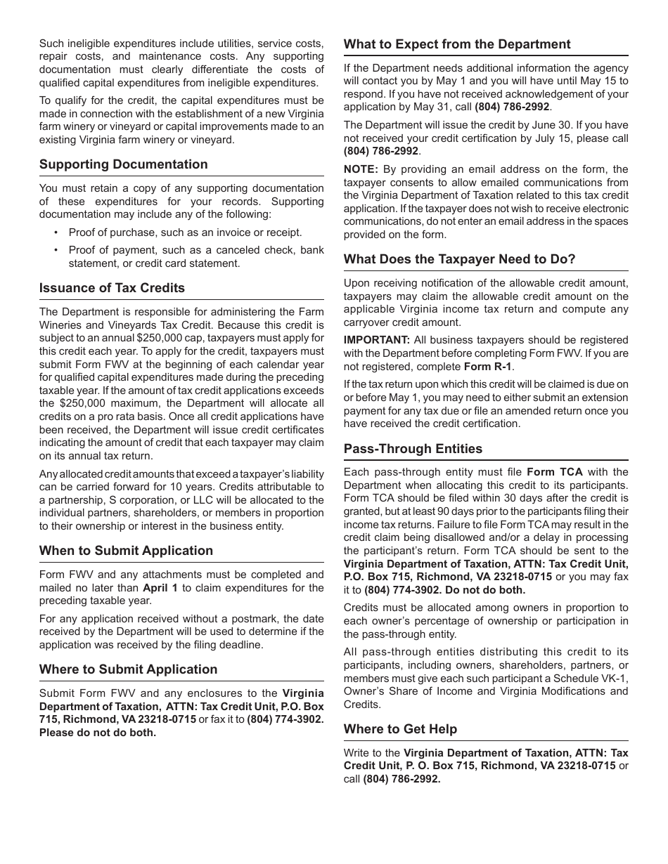 Form FWV Application for Farm Wineries and Vineyards Tax Credit - Virginia, Page 4
