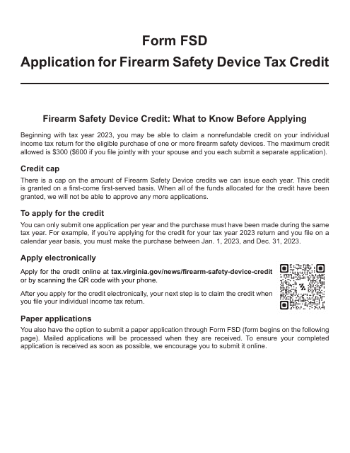 Form FSD Application for Firearm Safety Device Tax Credit - Virginia, 2023