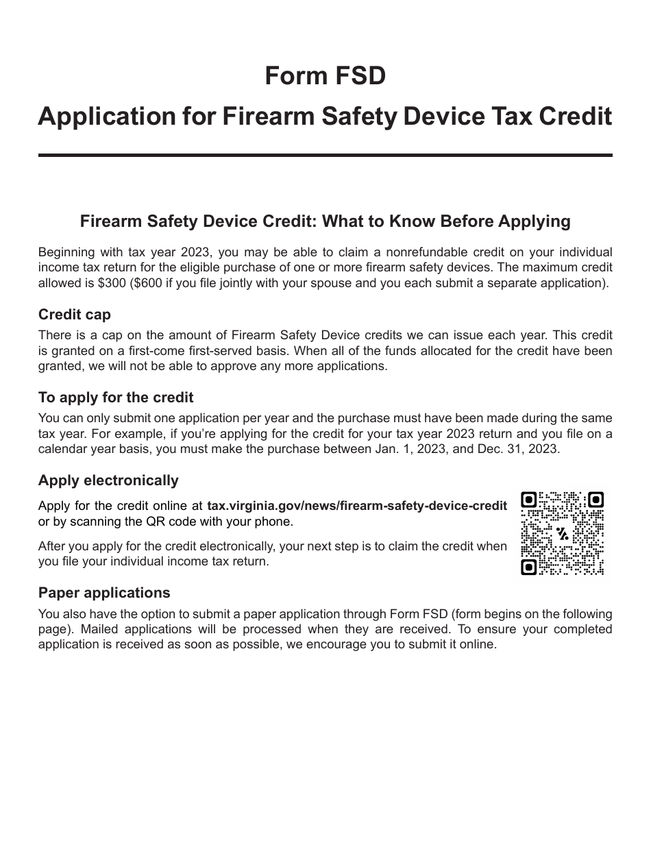 Form FSD Application for Firearm Safety Device Tax Credit - Virginia, Page 1