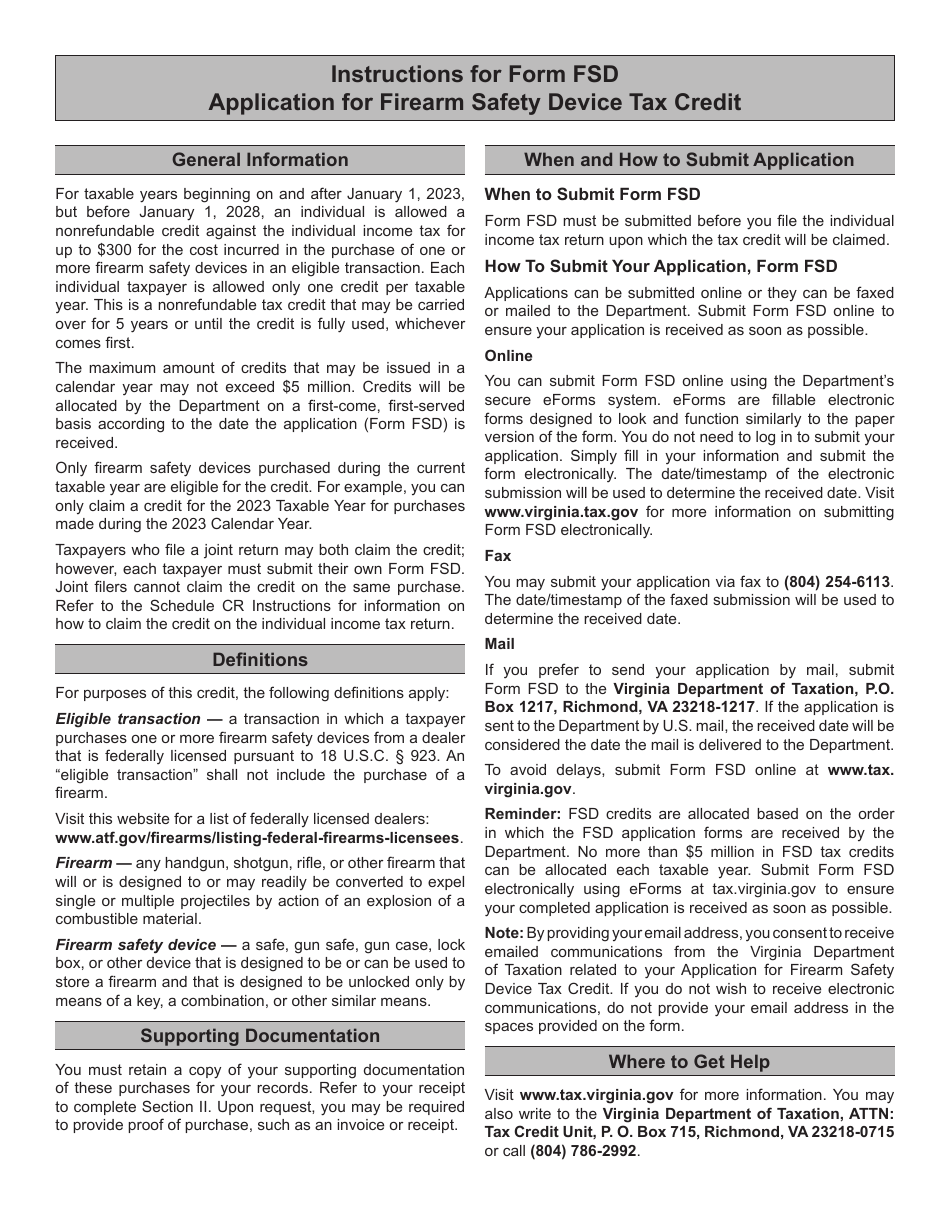 Form FSD Application for Firearm Safety Device Tax Credit - Virginia, Page 4