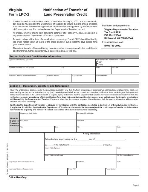 Form LPC-2 Notification of Transfer of Land Preservation Credit - Virginia