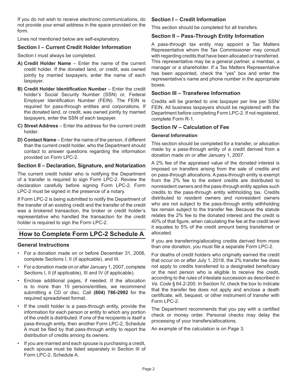 Instructions for Form LPC-2 Notification of Transfer of Land Preservation Credit - Virginia, Page 2