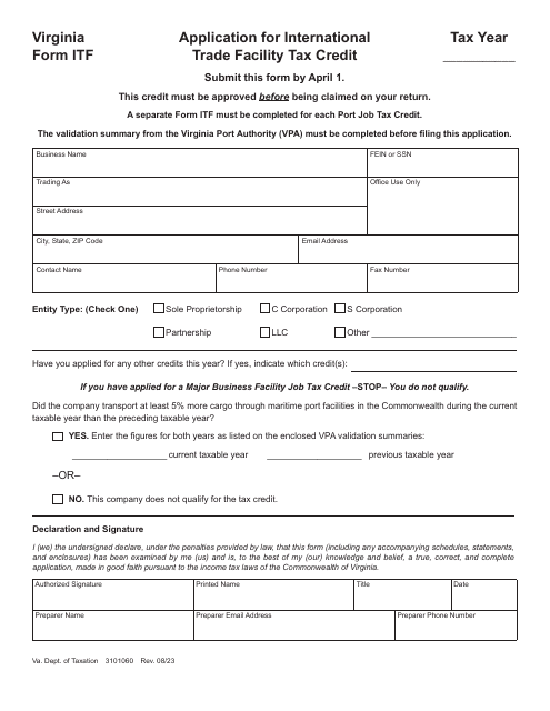 Form ITF Application for International Trade Facility Tax Credit - Virginia