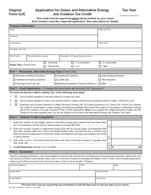 Form GJC Application for Green and Alternative Energy Job Creation Tax Credit - Virginia