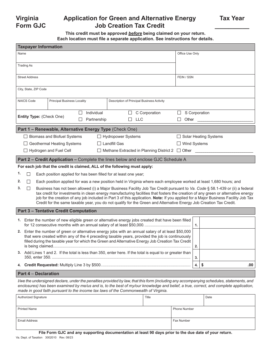 Form GJC Application for Green and Alternative Energy Job Creation Tax Credit - Virginia, Page 1