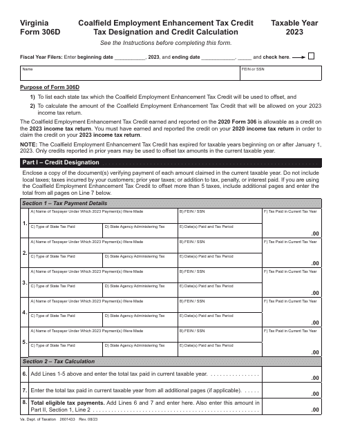 Form 306D Coalfield Employment Enhancement Tax Credit Tax Designation and Credit Calculation - Virginia, 2023