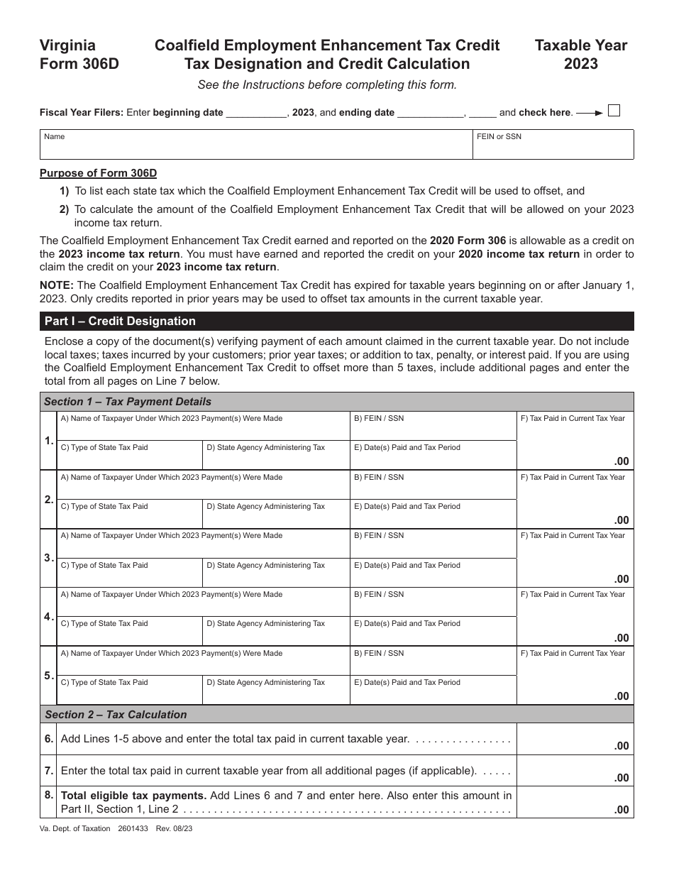 Form 306D Coalfield Employment Enhancement Tax Credit Tax Designation and Credit Calculation - Virginia, Page 1