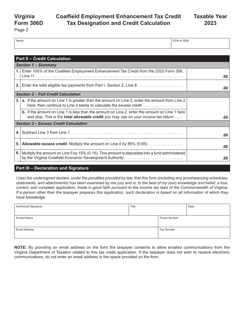Form 306D Coalfield Employment Enhancement Tax Credit Tax Designation and Credit Calculation - Virginia, Page 2