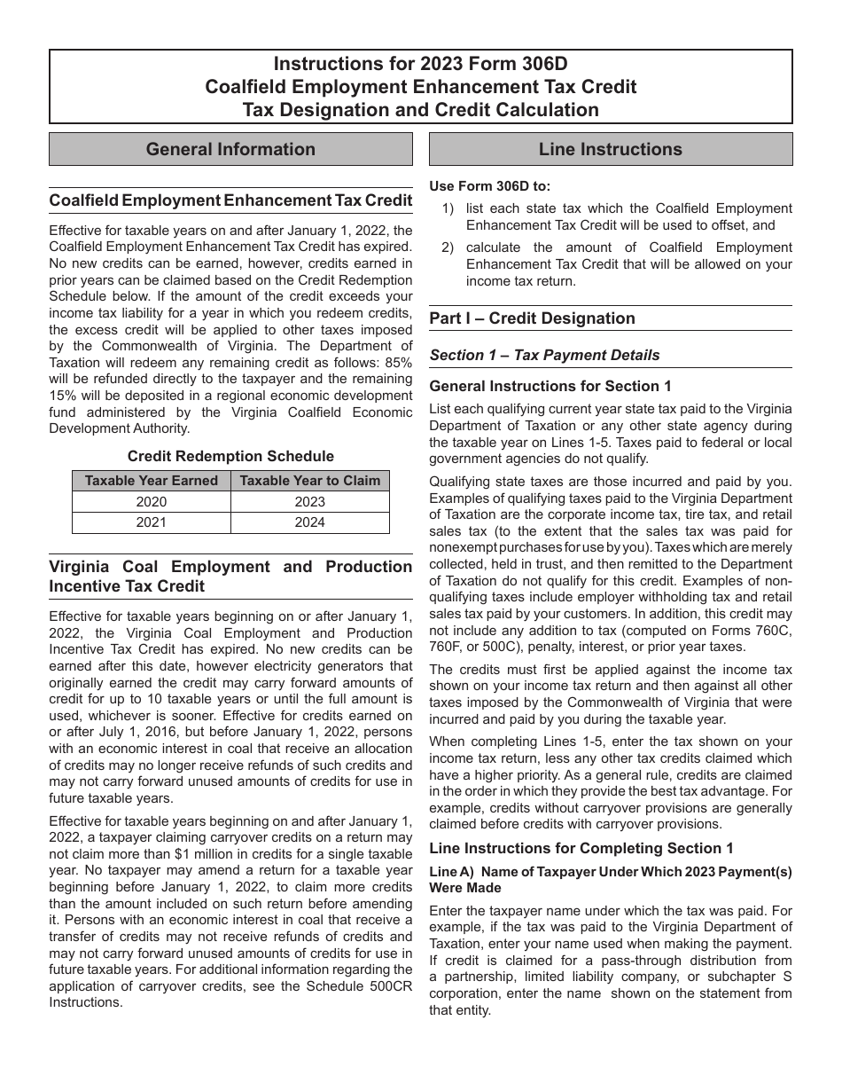 Form 306D Coalfield Employment Enhancement Tax Credit Tax Designation and Credit Calculation - Virginia, Page 3
