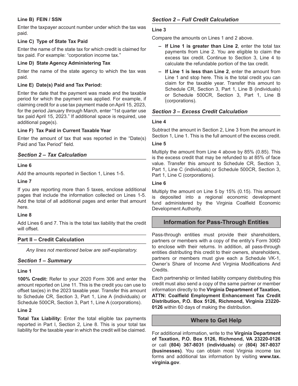 Form 306D Coalfield Employment Enhancement Tax Credit Tax Designation and Credit Calculation - Virginia, Page 4