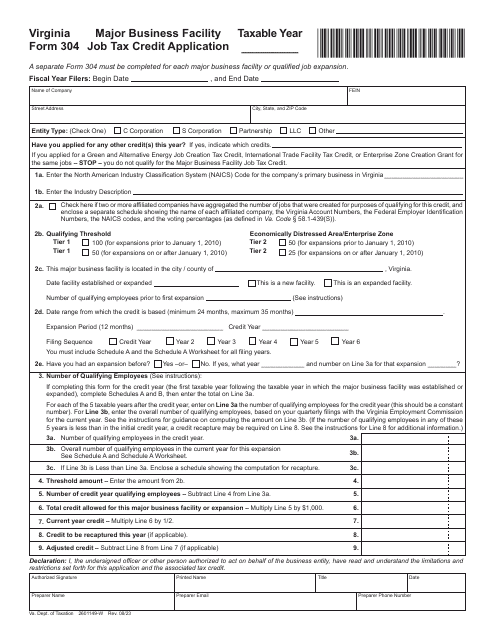 Form 304 Major Business Facility Job Tax Credit Application - Virginia